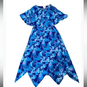 Ey Signature Dress Vintage Blue Print Cape Style Layered V Cut Hem Size Medium